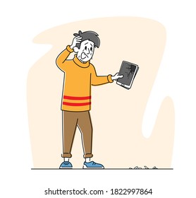 Upset Male Character Holding Broken Tablet with Splinters on Ground. Man with Smashed Gadget on Street. Unlucky Situation, Fallen Cellphone or Mobile Phone Negative Emotion. Linear Vector Illustration