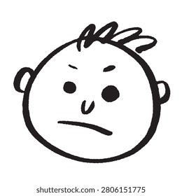 Upset male character portrait. Grumpy facial expression with scowl. Hand drawn black line art design.