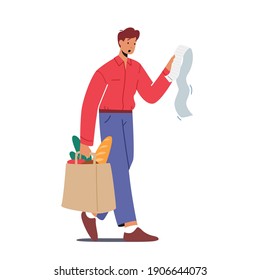 Upset Male Character Shocked with Price of Products in Store Concept. Unhappy Dissatisfied Customer with Food in Bag Look on Grocery Bill Surprised with High Cost. Cartoon People Vector Illustration