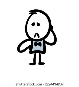 Upset male character in stage costume and tie bow holding the head with arms. Vector illustration of sad artist after performance or consert.