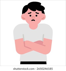 Upset man with arms crossed, vector illustration, isolated on white background.