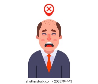 upset man with bald head. worry about hair loss. flat vector illustration.