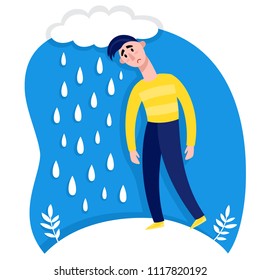 Upset man in blue and yellow clothes with rainning cloud. Vector colorful illustration of depressed male character walking in rain and have stress.