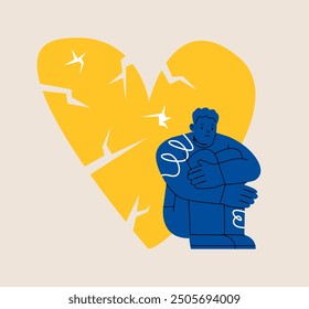 Upset man with broken heart. Colorful vector illustration
