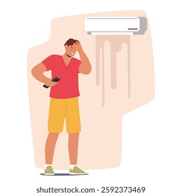 Upset man cartoon character suffering from heat due to broken room air conditioner discovering liquid leakage stains on room wall. Problems with electronic home appliances vector illustration