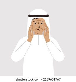 Upset man cries and holds his head with his hands. The concept of resentment, pain and depression. Vector flat illustration