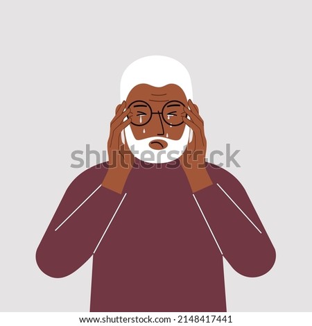 Upset man cries and holds his head with his hands. The concept of resentment, pain and depression. Vector flat illustration
