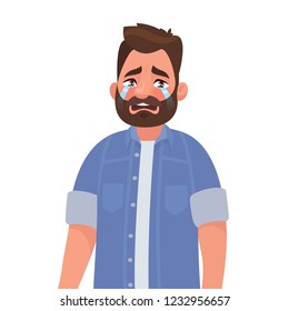 Upset man crying. Resentment and pain. Vector illustration in cartoon style.