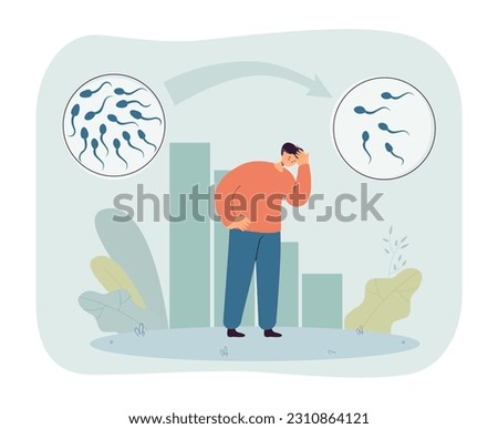 Upset man with decreased fertility vector illustration. Decreased number of spermatozoa, deterioration of sperm cells due to pollution, age, smoking. Fertility, infertility, male health concept
