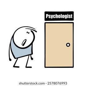 Upset man in depression goes to a psychologist. Vector illustration of a stickman standing in front of the door and hesitating to go inside, psychological help is needed. Isolated funny person.