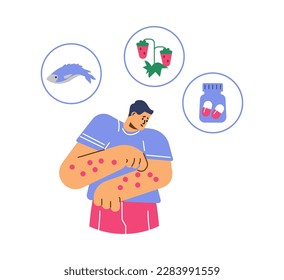 Hombre molesto con erupción alérgica en las manos de estilo plano, ilustración vectorial aislada en fondo blanco. Pescado, fresa y medicamentos, salud y medicina, elemento de diseño