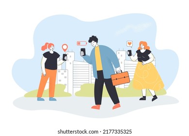 Upset Man Holding Mobile Phone With Low Battery. Male And Female Characters Using Smartphones While Traveling Flat Vector Illustration. Powerbank Concept For Banner, Website Design Or Landing Web Page