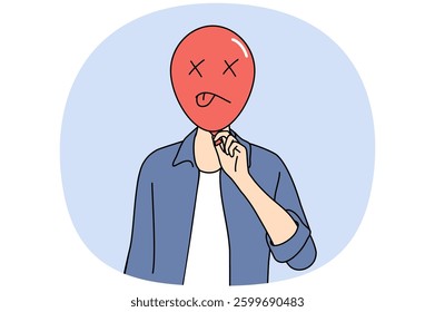 Upset man with inflated balloon in front of face needs help of psychologist. Upset guy suffering from melancholy and frustration due to social pressure or lack of self-realization.