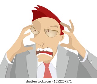 Upset man isolated illustration. Upset man with open mouth put his hands on the head isolated on white
