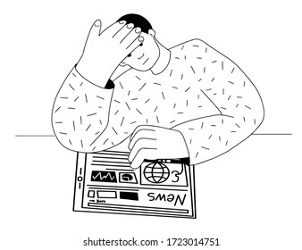 Upset man on a tablet screen is watching Bad news disappointed, worried businessman in psychological stress line style vector illustration