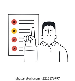 Upset man pointing to to-do list with checkboxes. Unfinished task, job not done. Outline, linear, thin line, doodle art. Simple style with editable stroke.