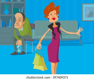 Upset man with receipt in the hands and his shopaholic wife with shopping bags