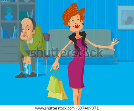 Upset man with receipt in the hands and his shopaholic wife with shopping bags