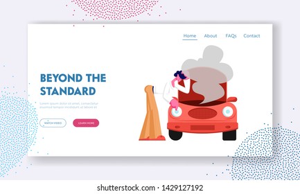 Upset Man in Road Accident with Broken Car Looking under Transport Hood with Smoke Going out, Repair Service, Force Majeure, Website Landing Page, Web Page. Cartoon Flat Vector Illustration, Banner
