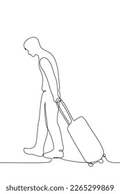 upset man rolling a suitcase on wheels - one line drawing vector. the concept of a tourist does not want to return after vacation, unwillingness to go on a business trip, deportation of a foreigner