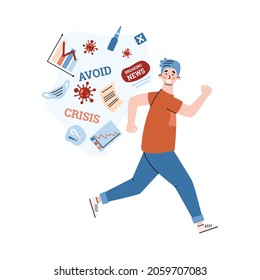 Hombre disgustado escapando información sobre pandemias y crisis, ilustración vectorial de dibujos animados aislados en fondo blanco. Sobrecarga de información y estrés por noticias perturbadoras.