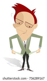 Upset man shows his empty pockets isolated. Cartoon upset man shows his pockets with no anything in its
