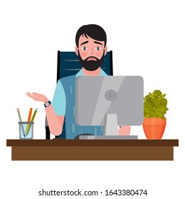 Upset man sitting on an office chair at a computer desk and looking at the monitor. Vector illustration.