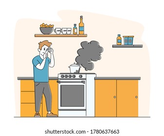 Upset Man Stand at Oven with Burning Fire in Pan. Household Character Every Day Routine, Weekend Chores Housekeeping Process Unhappy Culinary Experience, Cooking Failure. Linear Vector Illustration