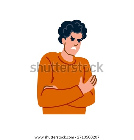 Upset man standing with a frowning face, furrowed brows, and tightly folded arms, visibly demonstrating strong feelings of anger, irritation, and discontent
