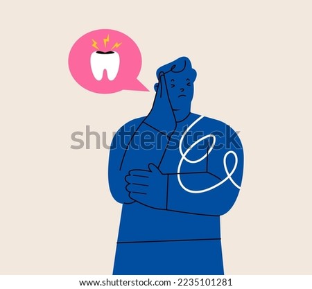 Upset man struggle with tooth decay or oral disease. Colorful vector illustration
