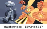 Upset man suffering from depression, refusing from helping hands and support offered by people. Concept of pessimism, aid rejection, losing hope and psychological problems. Flat vector illustration