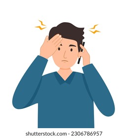 Upset man talking on phone in flat design on white background. Problem on mobile.