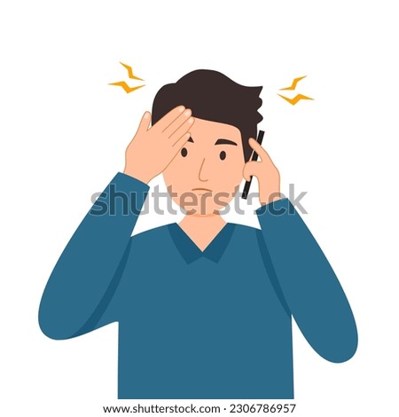 Upset man talking on phone in flat design on white background. Problem on mobile.