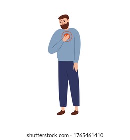 Upset man touching chest with painful expression vector flat illustration. Sad guy suffering from heart attack isolated on white. Unhappy male having pain symptoms and health disorder