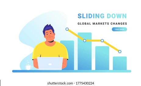 Upset man working with laptop and seeing a graph sliding down. Concept gradient vector illustration of global markets decreasing and financial crisis due to new coronavirus pandemic effects