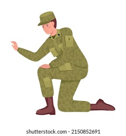 Upset military man standing on knee semi flat color vector character. Posing figure. Full body person on white. Fallen friend simple cartoon style illustration for web graphic design and animation