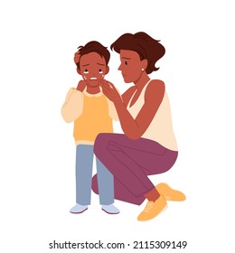 Upset Mother Wiping Child Tears And Calming Down. Mum Taking Care By Supporting And Showing Affectionate Parenting Feeling, Childhood Problems Cartoon Vector Illustration