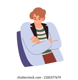 Upset offended woman in bad mood with unhappy negative face expression. Sad discontent person with arms crossed, feeling offence, displeasure. Flat vector illustration isolated on white background