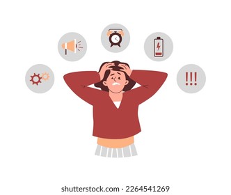 Upset panicking woman suffering from stress at work, flat vector illustration isolated on white background. Woman in panic and stress from hard work and deadline limits.