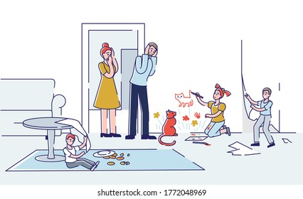 Upset Parents And Naughty Hyperactive Kids Making Mess At Home Destroying Living Room. Children Bad Behavior, Discipline And Spoiled Kids Upbringing Concept. Linear Vector Illustration