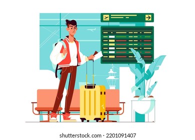 Upset passenger with luggage wait for departure at airport vector illustration. Flight delay or cancel flat style. Tourist, travel concept