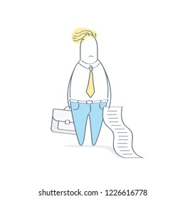 Upset pensive sad businessman standing with a suitcase and a long bill. Problem, slavery, debt, financial problems, disappointment, stress or shame. Flat outline cartoon vector concept.