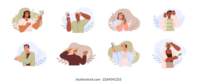 Molestas personas perdiendo el pelo y mirando el cepillo con el pelo perdido - ilustración vectorial plana aislada en fondo blanco. Conjunto de jóvenes hombres y mujeres que sufren de alopecia.