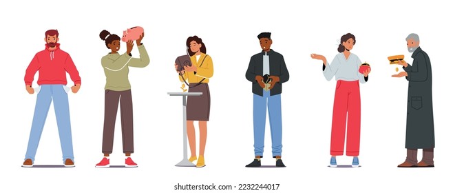 Upset People with No Money, Bankruptcy Concept. Poor Men and Women with Empty Pockets. Frustrated, Disappointed Characters Financial Crisis, Jobless Personages. Cartoon Vector Illustration