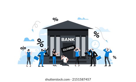 Upset people are standing near a closed bank. General panic due to the financial crisis. Animation ready duik friendly vector. Financial crisis, economic recession, bankruptcy, depression.