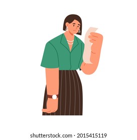 Upset Person Holding Receipt With Big Price For Expensive Purchase. Sad Woman With Expired Paper Bill In Hands. Burden Of Expenses Concept. Flat Vector Illustration Isolated On White Background