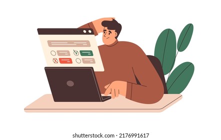 Upset person passing online test at laptop, checking knowledge. Bad result, mistake, choice of wrong answer to question in internet exam. Flat graphic vector illustration isolated on white background