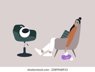 An upset person sits in a cozy chair, engaging in therapy while an AI assistant listens thoughtfully, offering support in a serene environment decorated with soft colors