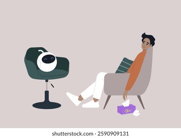 An upset person sits in a cozy chair, engaging in therapy while an AI assistant listens thoughtfully, offering support in a serene environment decorated with soft colors