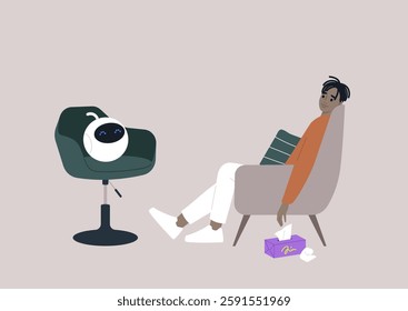 An upset person sits in a cozy chair, engaging in therapy while an AI assistant listens thoughtfully, offering support in a serene environment decorated with soft colors